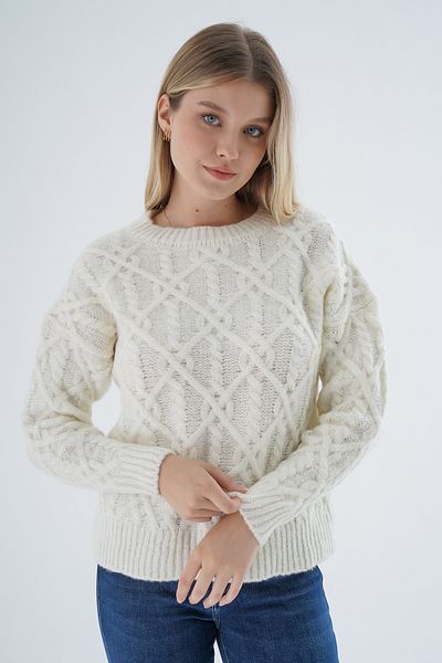 Trist Star Pulover tricotat pentru femei Yürüt Hair Braided Crew Neck - Amestec de lână, TRIST-6164