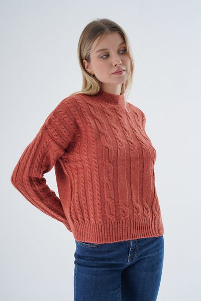 Trist Star Pulover supradimensionat pentru femei de culoarea cărămizii - păr împletit, jumătate de gât, lână TRIST-6158