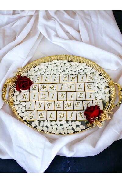 Cyz Home Gold  Söz Nişan, Kız İsteme Metal Oval Etiketli Çikolata Tepsi