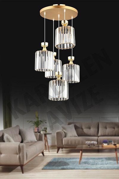 Kraliçe 5-Piece Gold Pendant Lamp Crystal Stone Luxury Chandelier Set