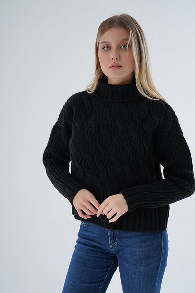Trist Star Pulover negru supradimensionat pentru femei - cu gât țesut, păr împletit, fire speciale TRIST-6163