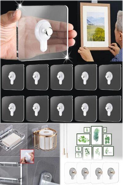 QesQin 5 Adet Duvar Delmeden Zarar Vermeden Yapışkanlı Askılık Çivi Şeffaf Gü...