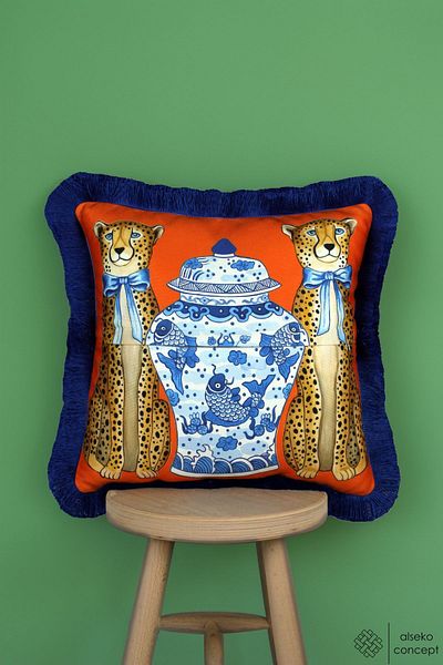 Alseko Concept 43x43cm Square Throw Pillow Cover - Flower Pot Tassel, Tile Vase and Leopard Pattern