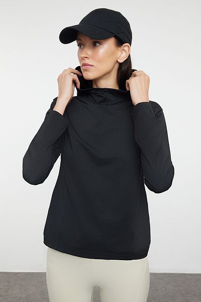 Trendyol Collection Micro Reflector Printed Hooded Black Sport Top - THMAW25BZ00005
