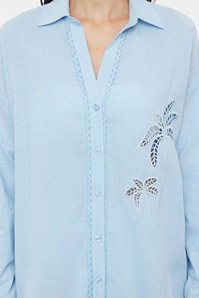 Trendyol Collection 100% Cotton Embroidered Blue Shirt - TBESS24GO00045