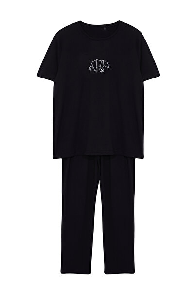 Trendyol Collection Black Regular Fit Embroidered Knitted Pajamas Set Tmnaw25Pt00023