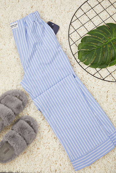 Trendyol Collection Szőtt kék csíkos pizsama alsó - címkerészlettel THMAW25PJ00001