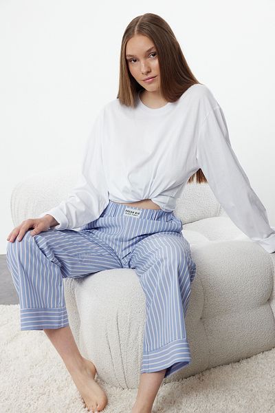 Trendyol Collection Szőtt kék csíkos pizsama alsó - címkerészlettel THMAW25PJ00001