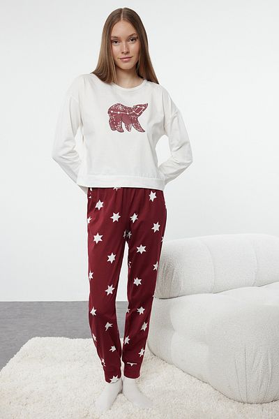 Trendyol Collection Star Patterned Claret Red Cotton Pyžama Set - THMAW21PT0241
