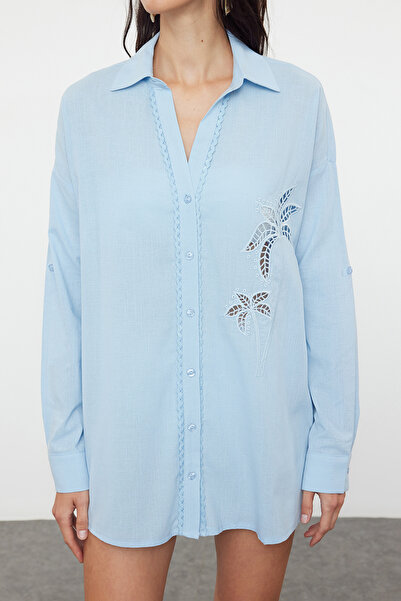 Trendyol Collection 100% Cotton Embroidered Blue Shirt - TBESS24GO00045