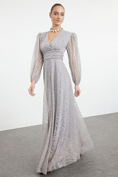 Trendyol Collection Suknia wieczorowa Suknia wieczorowa na studniówkę Mink A-Cut Tulle Woven Long Elegant TPRSS24AE00262