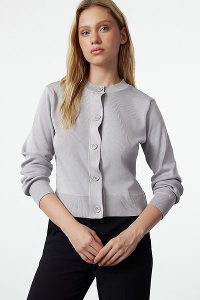 Trendyol Collection Crew Neck Gray Knitwear Cardigan - Jacket Look Twoaw25Hi00051