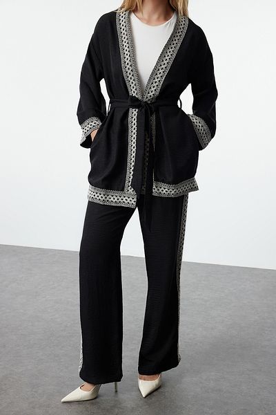 Edit by Trendyol Bordered BlackKimonoand Trousers Set - Tedaw25us00001