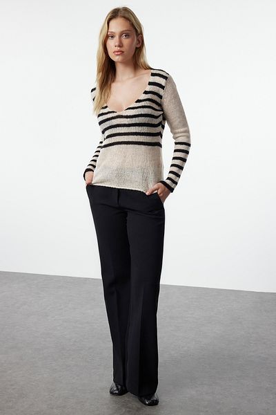 Trendyol Collection Pulover din tricotaje cu dungi bej cu textura moale - tricot largi TWOAW25KZ00172