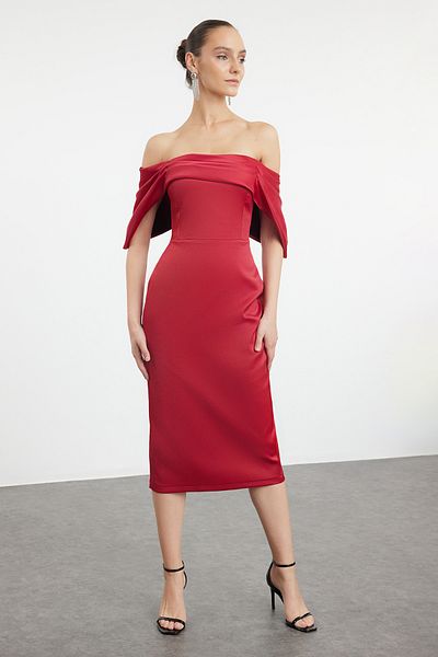 Trendyol Collection Dark Red Carmen Collar Satin Woven Evening Dress Night Graduation Dress Tprss24El00287