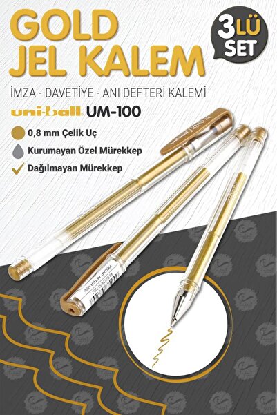 t tuğset etiket Uni-ball Um-100 Signo Fine Roller Kalem Gold 3 Adet 0.8 Mm Davetiye Kalemi /gold Yazan Davetiye Anı