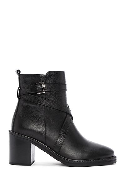 Derimod Black Leather Zippered Thick Heeled Women's Boots - 23wfd1632ft
