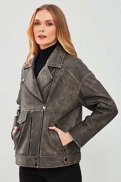 Derimod Delano Women's Gray Oversize Biker Leather Jacket - Vintage 23wgd5157g6
