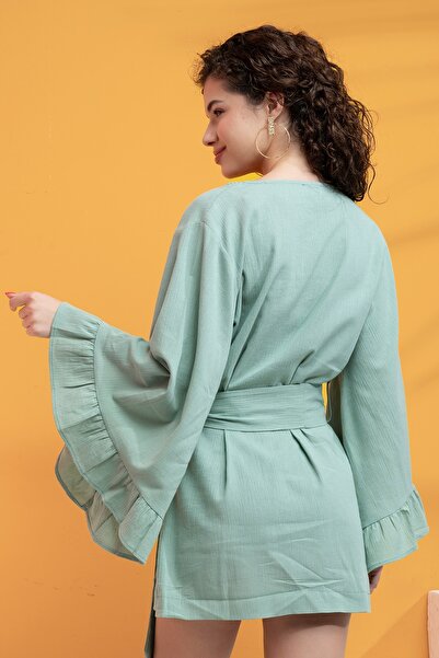 XCLSV %100 Pamuk Volanlı Kuşaklı Kimono