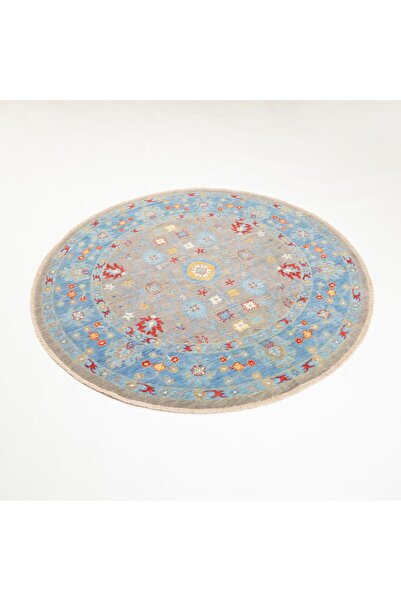 Halıcızade Tempus Serisi Uşak Desenli Gri/Mavi Yün Yuvarlak Özel Tezgah Halısı