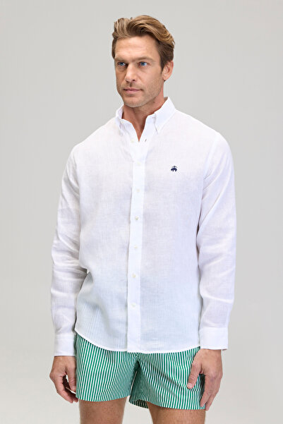 BROOKS BROTHERS Erkek Beyaz Düğmeli Yaka Regular Fit %100 Keten Cepsiz Erkek ...