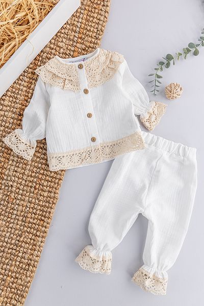 Babymod Lace Collar Detailed 2-Piece Baby Girl Set Top and Bottom Baby Set