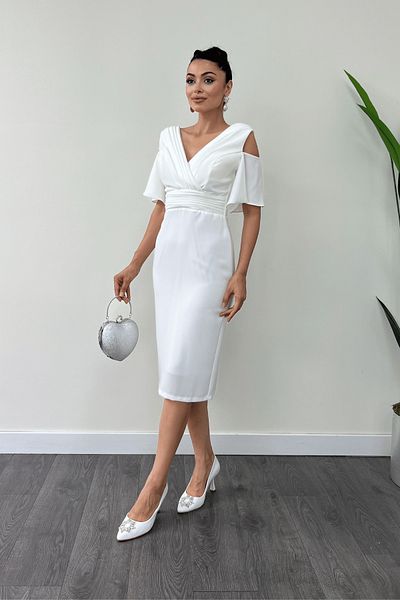 giyimmasalı White Atlas Fabric - Gather Detailed Pencil Dress