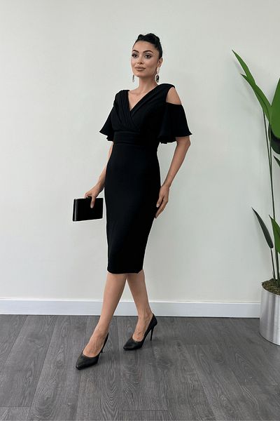 giyimmasalı Black Atlas Fabric - Gather Detailed Pencil Dress