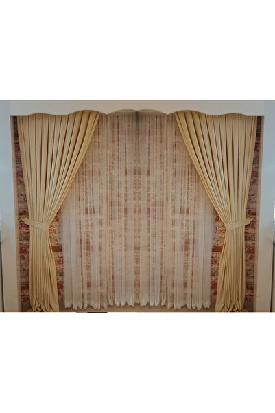 FİGENSİ Fil Dişi Renk Fon kadife Perde Çift Kanat 1/3 Sık Pileli Dikim V-03