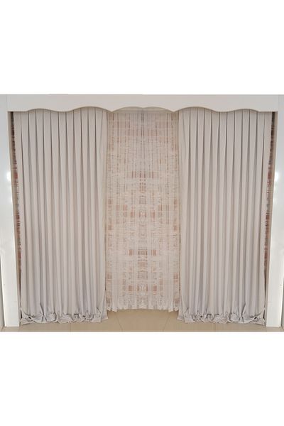 FİGENSİ Bone Colored Background Velvet Curtain - Double Blades, Close Pleated Planting V-42