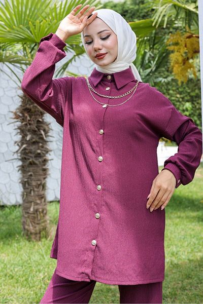 Bestenur Plum Necklace Wrap Tunic and Trousers Set 927