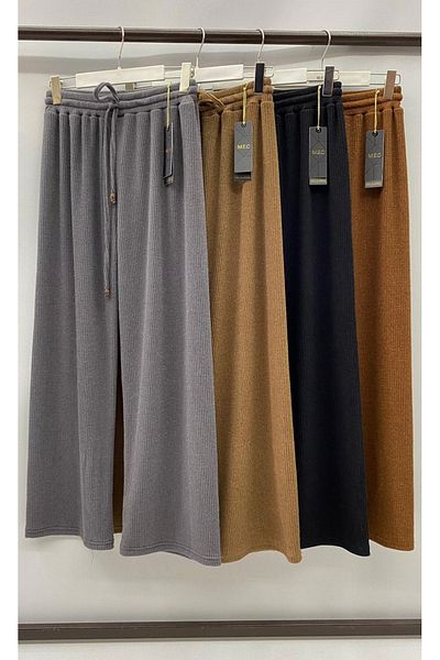 AKŞEN GİYİM Plus Size Woven Ribbed Knitwear Palazzo Model Waist Lace-Up Wide Winter Trousers