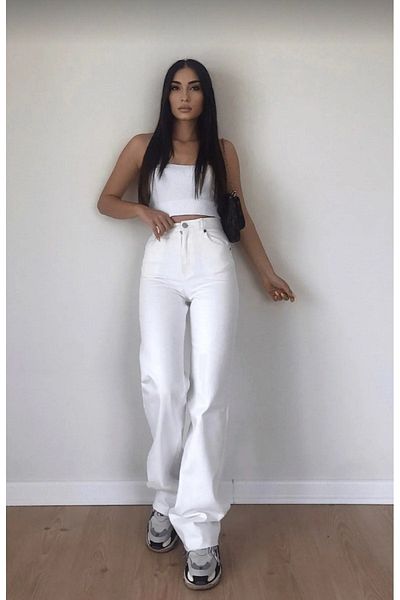 MAKRAS EXCLUSIVE Blugi largi de damă din Lycra alb din anii '90 Julia, cu talie super înaltă, blugi Palazzo