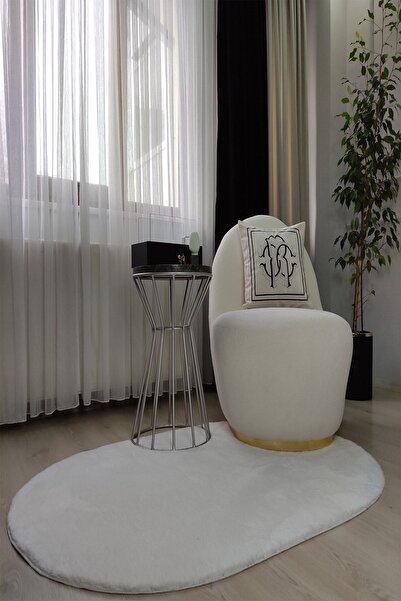 DEKOMOD Post, Peluş, Oval Halı Beyaz Tüylü Yumuşak, Yıkanabilir, Kaymaz Taban Dekoratif Aksesuar Dekor Halı