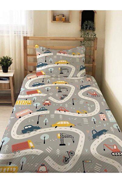 Evmila Yol Ve Araba Desenli Bebek Ve Çocuk Baskılı Tek Kişilik Pike Takımı 160 X 220 Cm Gri
