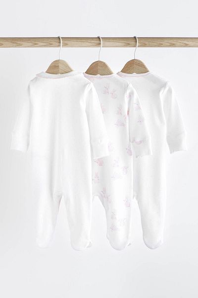 Next Baby 100% Cotton White Pink Rabbit Patterned 3-Piece Overalls Set