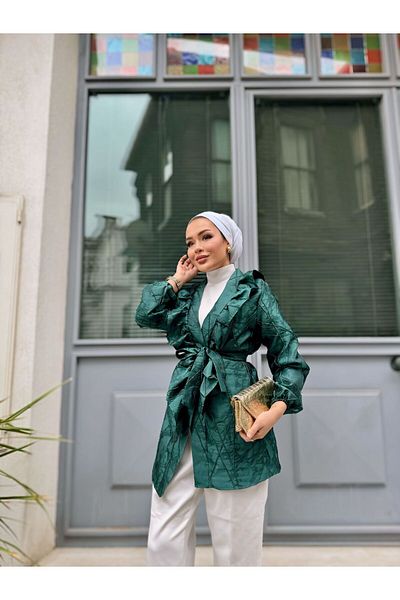 comstar سترة نسائية طويلة من الزمرد برباط على الخصر