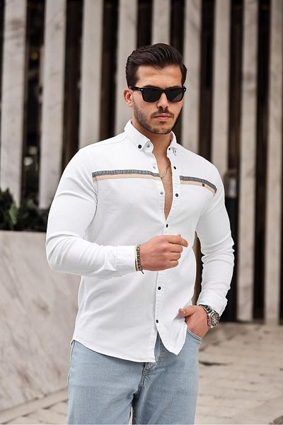 comstar Men's Slim Fit Striped Long Sleeve Tight White Denim Shirt