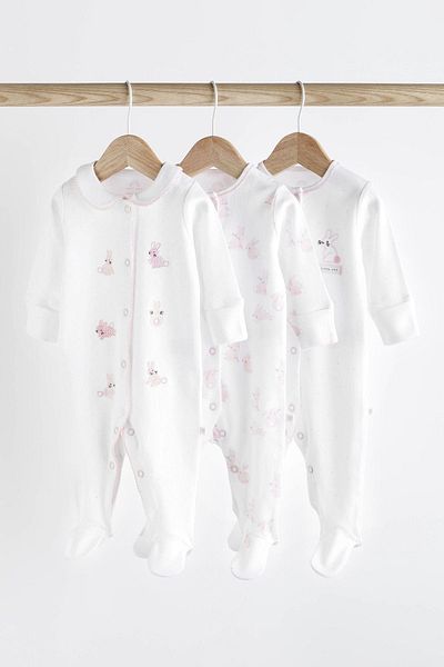 Next Baby 100% Cotton White Pink Rabbit Patterned 3-Piece Overalls Set