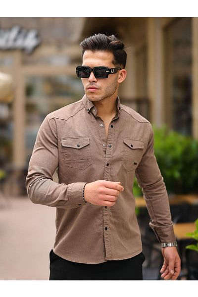 WOWA COMPANY Ανδρικό τζιν πουκάμισο Basic Slim με διπλή τσέπη με μακρύ μανίκι καφέ