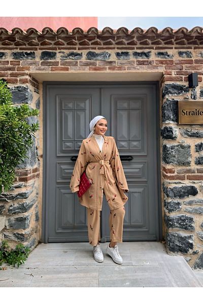 comstar Γυναικείο Hijab Kimono Loose Παντελόνι Camel Διπλό Σετ