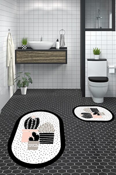 EY HOME Ψηφιακό πλενόμενο αντιολισθητικό σετ τουαλέτας με μοτίβο λουλουδιών κάκτου διπλό οβάλ χαλί μπάνιου