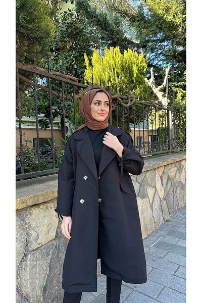 ensade Oversize Gabardine Trench Coat with Gathered Sleeves Black