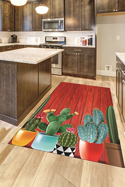 EY HOME Dijital Baskılı Kaymaz Taban Kaktüslü Çiçekli Yolluk Mutfak Halısı