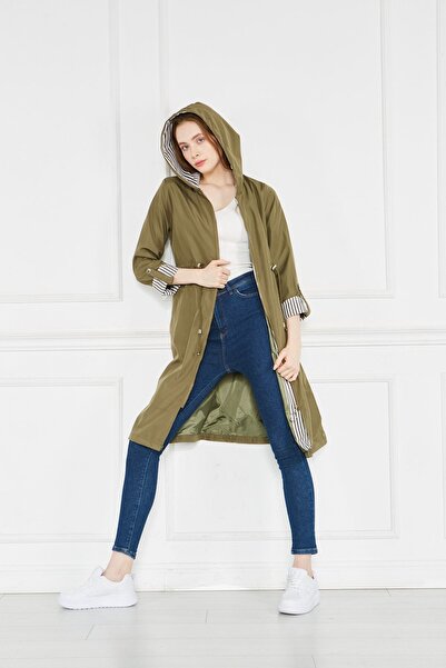 comstar Kadın Büzgülü Su Itici Haki Kapüşonlu Bol Trençkot