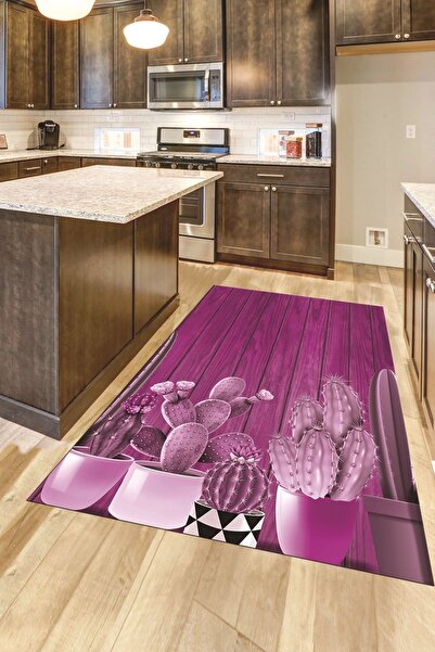 EY HOME Dijital Baskılı Kaymaz Taban Kaktüslü Çiçekli Yolluk Mutfak Halısı