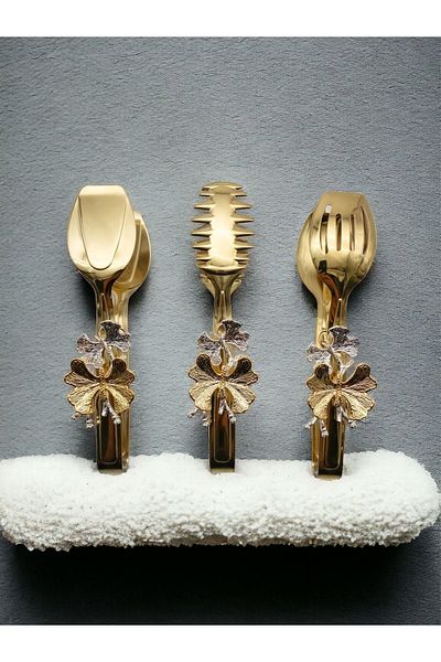 Fiyakalı Ürünler Atölyesi Gold Butterfly Patterned Cake - Pasta, Salad and Cake Serving Serving Tongs, Stainless Steel Food Set