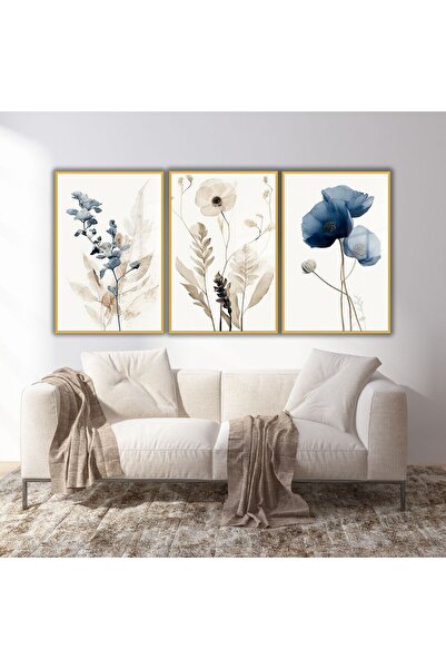GAAGART 3'lü Metal Çerçeveli Cam Tablo Seti Pastel Soft Mavi Çiçekler