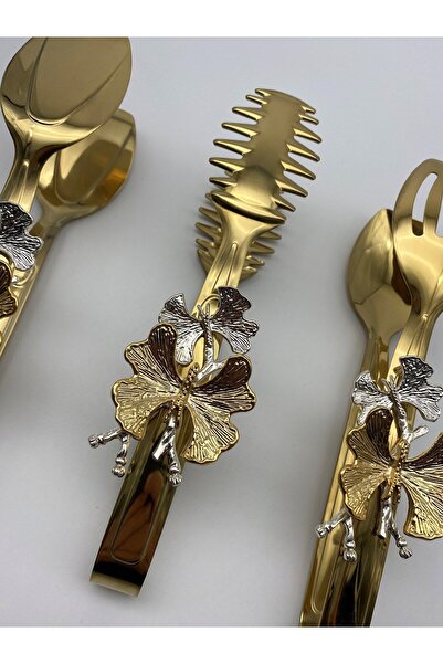 Fiyakalı Ürünler Atölyesi Gold Butterfly Patterned Cake - Pasta, Salad and Cake Serving Serving Tongs, Stainless Steel Food Set