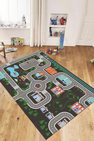 EY HOME Trafik Yollu Arabalı Yıkanabilir Eğlendirici Çocuk Odası Oyun Halısı